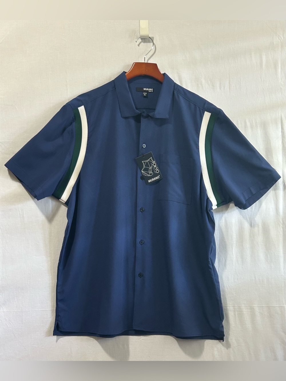 Murano - Navy Short-Sleeve Button-Down Shirt with White and Green Sleeve Stripes